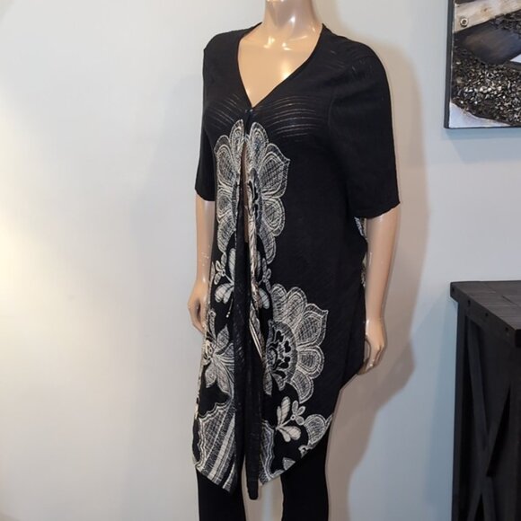 Vintage Chicos Damask Modal Cardigan Open Flyaway Front Short Sleeve Ribbed Knit - Picture 4 of 17